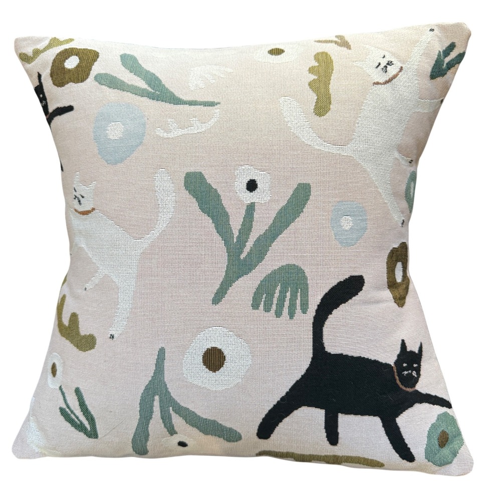 Embroidered Accent Pillow Cat Floral Novelty Print 16x16 Cream Neutral Kitsch‎